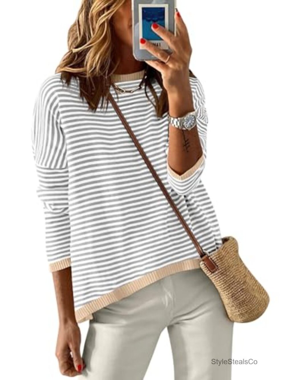 Loose Fit Striped Pullover Sweater Crewneck Long Sleeve Color Block Knit